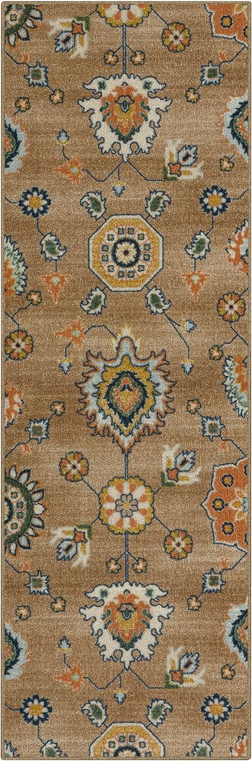 Maples Rugs Fleur Contemporary Motif Hallway Entryway Runner Non Skid Runner Rug [Made in USA], Neutral/Multi, 2' x 6'