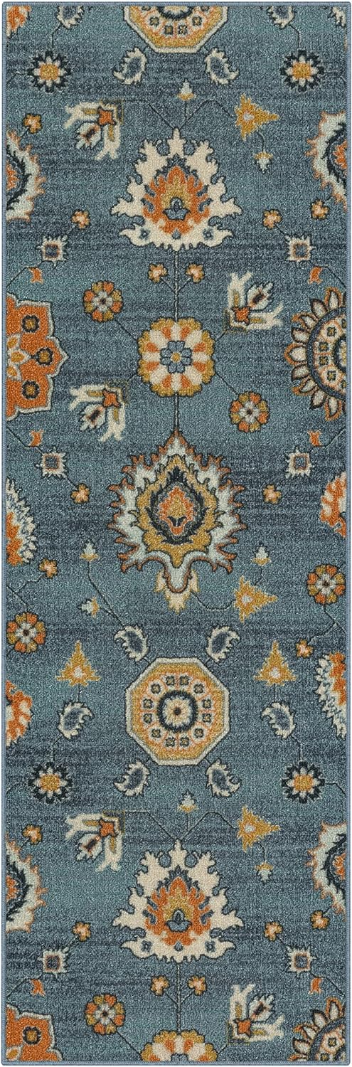 Maples Rugs Fleur Contemporary Motif Hallway Entryway Runner Non Skid Runner Rug [Made in USA], Blue/Multi, 2' x 6'