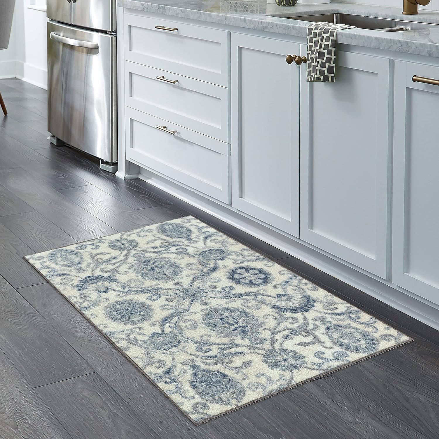 Maples Rugs Blooming Damask Kitchen Rugs Non Skid Accent Area Floor Mat [Made in USA], 2'6 x 3'10, Grey/Blue