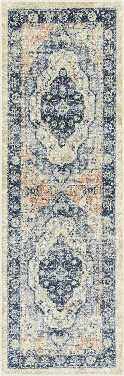 Maples Rugs Caprice Boho Medallion Hallway Entryway Non Skid Runner Rug [Made in USA], Blue, 2' x 6'