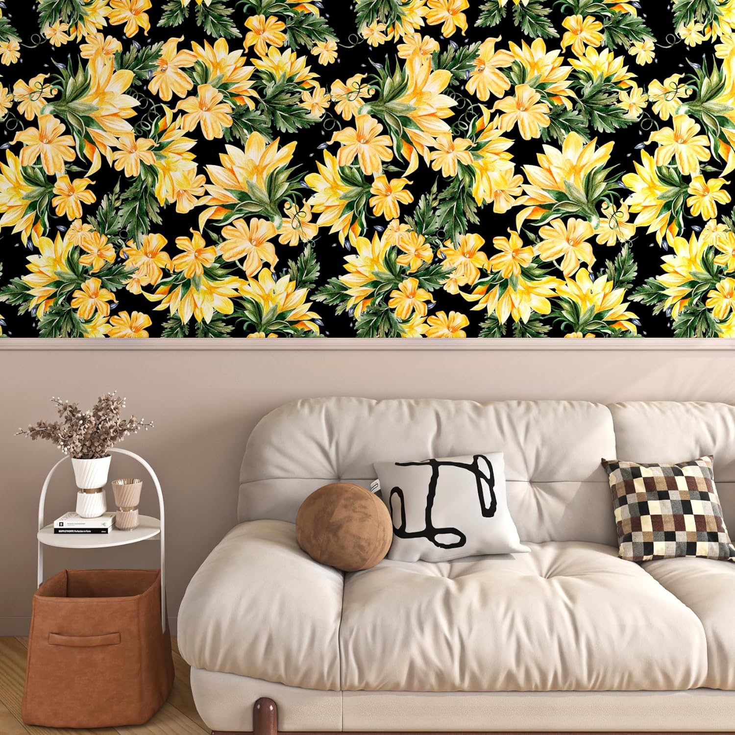 FunStick 17.5x354 Lemon Yellow Wallpaper Peel and Stick Dark Floral Wallpaper Self Adhesive Daffodil Floral Yellow Contact Paper Removable Wallpaper for Bedroom Walls Cabinets Classroom Desk Renters