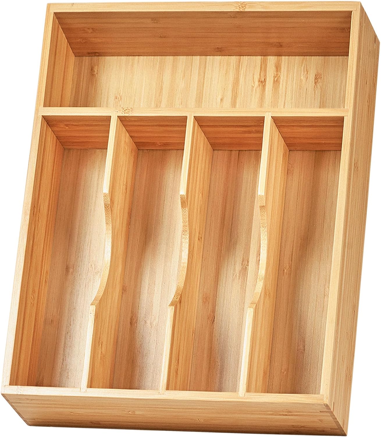 I selected this product when organizing my remodeled kitchen. I like that it has enough compartments for my knives, dinner forks, salad forks, table spoons, & soup spoons to each have their own space, & there' additional spaces for serving pieces too. It looks nice, is well made of good material, is sturdy, & fits nicely in my drawer. I am very happy with this purchase & highly recommend it.