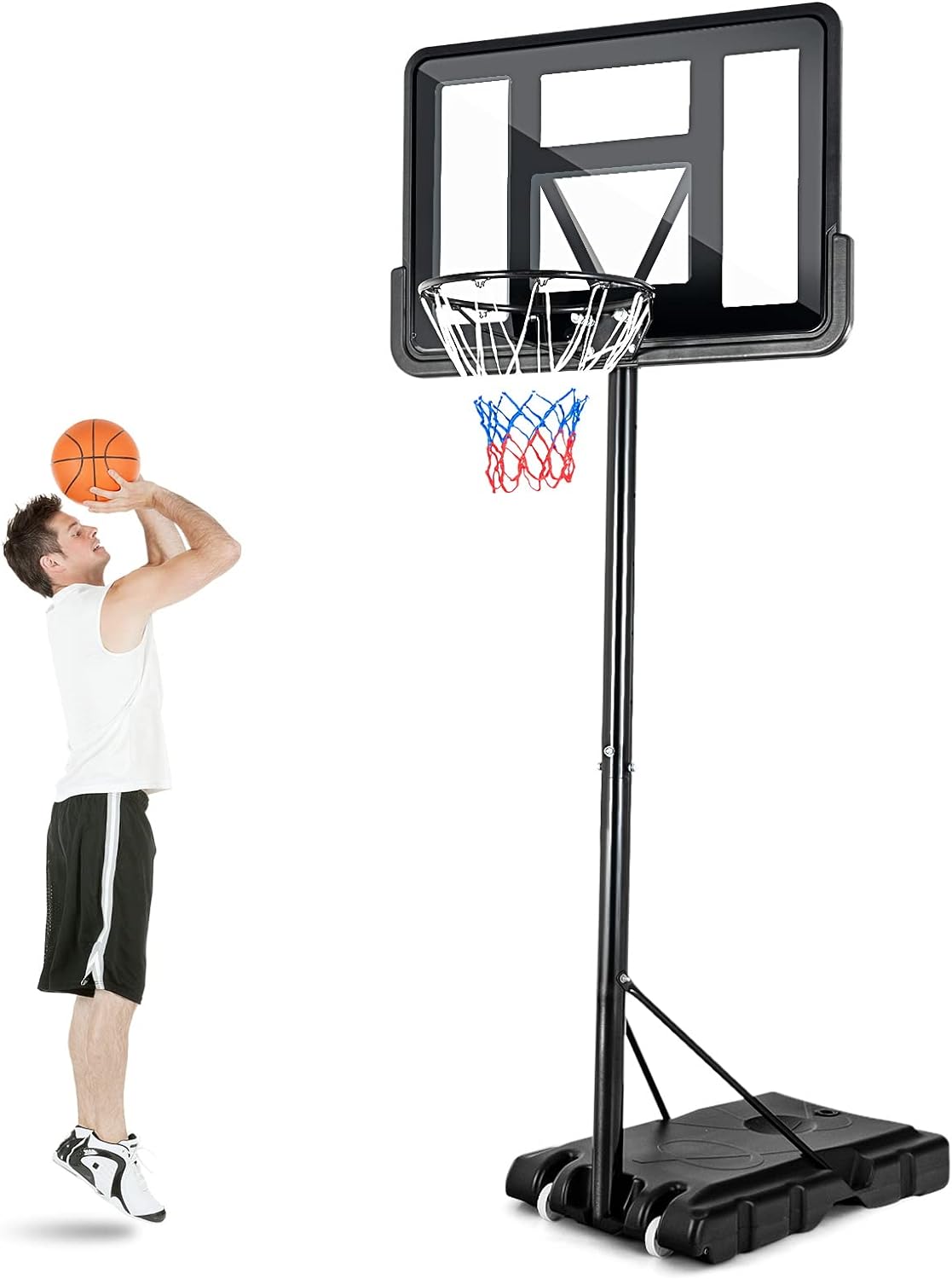 GYMAX Basketball Hoop Outdoor, 4.25 Ft to 10Ft Adjustable Basketball Goal with 44 Backboard & 18 Basket, All Weather Portable Basketball Stand w/Wheels, for Kids Youth Adult, Indoor Gym, Driveway