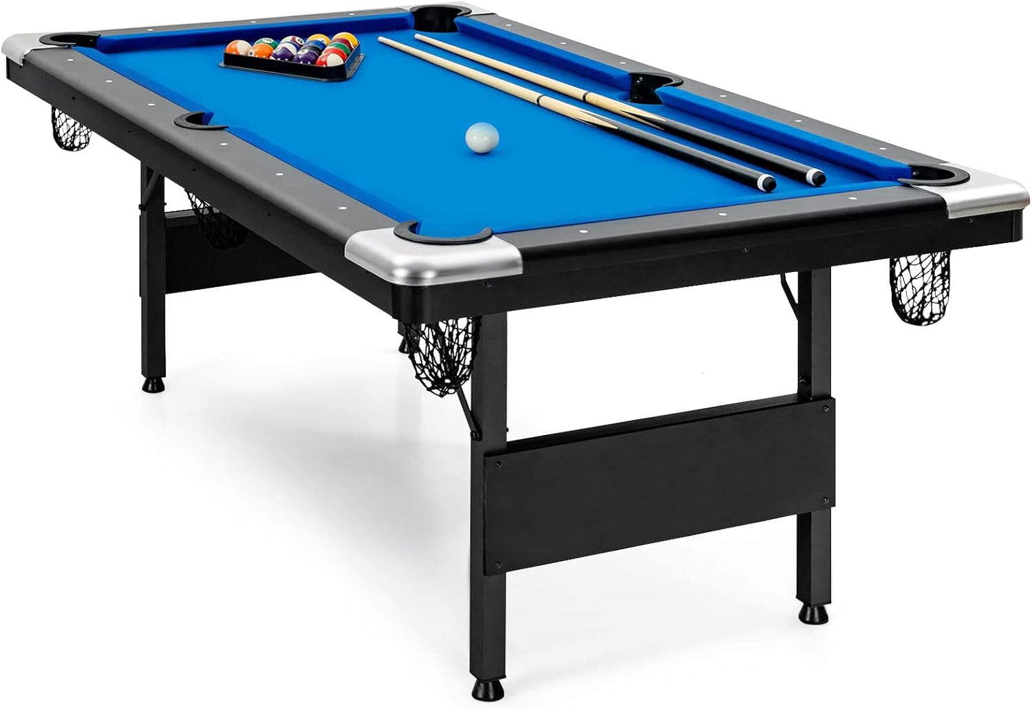 GYMAX Pool Table, 6FT Foldable Billiard Table with Complete Set of Balls, 2 Cue Sticks, Chalk & Felt Brush, Portable Indoor/Outdoor Pool Table for Adults Kids Family Game