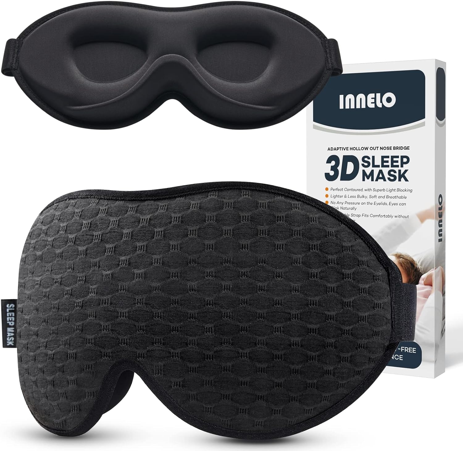 INNELO Contoured Sleep Mask for Side Sleepers - 100% Light Blocking, Soft and No Pressure on Eyes - Blindfold for Travel, Nap, Yoga