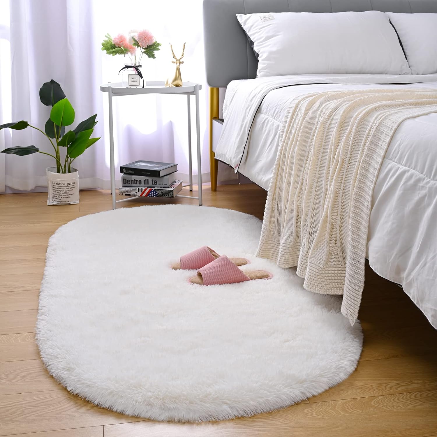 Merelax Soft Shaggy Rug for Kids Bedroom, Oval 2.6'x5.3' Cream Plush Fluffy Carpets for Living Room, Furry Carpet for Teen Girls Room, Anti-Skid Fuzzy Comfy Rug for Nursery Decor Cute Baby Play Mat