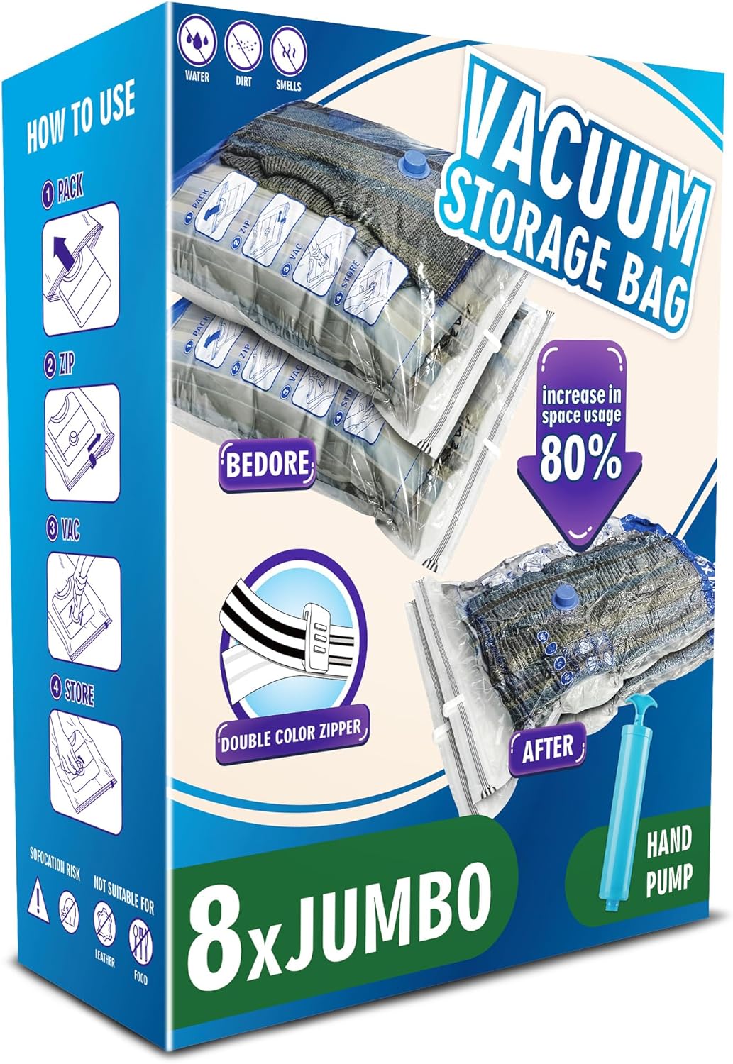 This box comes with a variety of bag sizes and a pump. The material is light plastic and sturdy enough to withstand several uses, but thin enough to do the job. I easily fit two medium-sized bed pillows in one large bag to take overseas, as well as a couple of the medium-sized bags for clothes. Everything worked like a charm, and I'm thrilled at how effortless and worthwhile the whole thing was! It works, it' easy, and the price is so low!