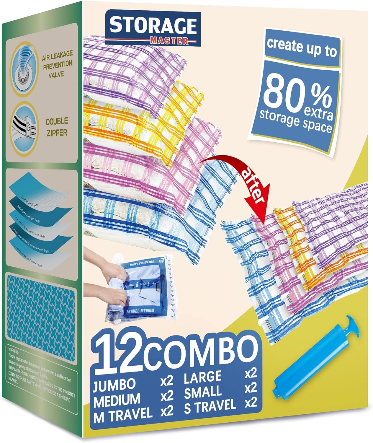 This box comes with a variety of bag sizes and a pump. The material is light plastic and sturdy enough to withstand several uses, but thin enough to do the job. I easily fit two medium-sized bed pillows in one large bag to take overseas, as well as a couple of the medium-sized bags for clothes. Everything worked like a charm, and I'm thrilled at how effortless and worthwhile the whole thing was! It works, it' easy, and the price is so low!