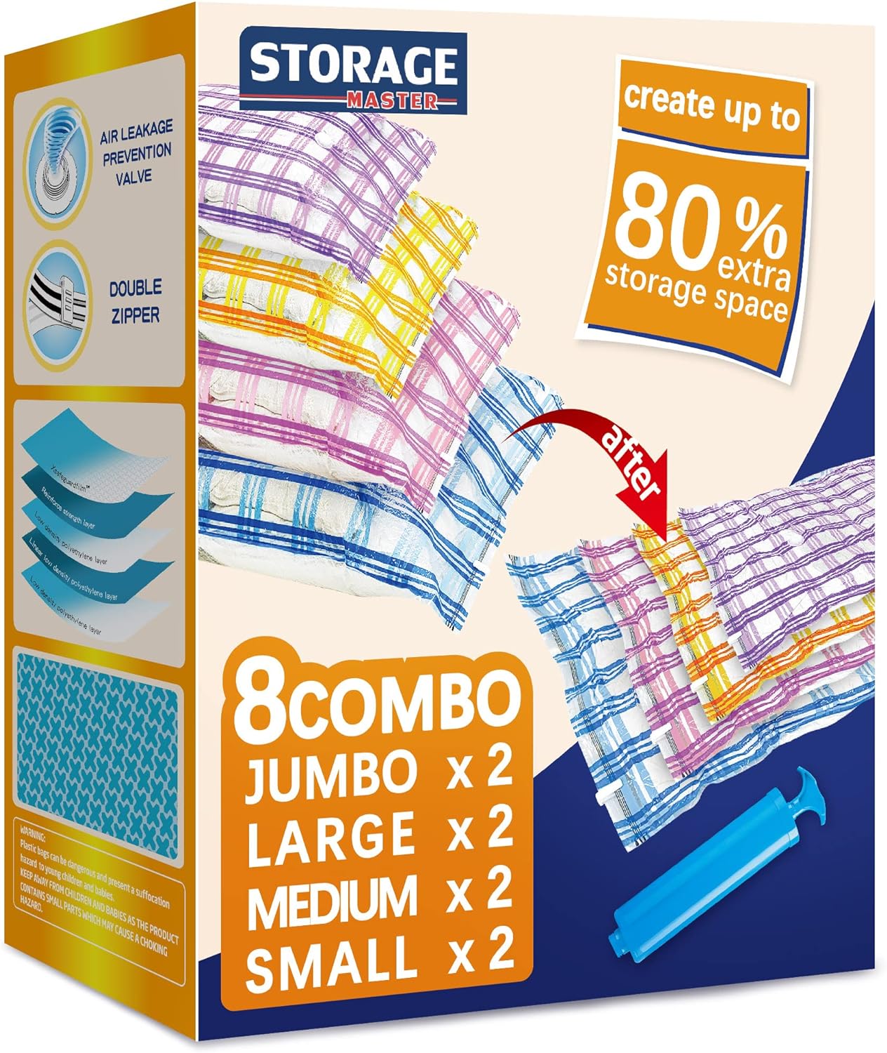 This box comes with a variety of bag sizes and a pump. The material is light plastic and sturdy enough to withstand several uses, but thin enough to do the job. I easily fit two medium-sized bed pillows in one large bag to take overseas, as well as a couple of the medium-sized bags for clothes. Everything worked like a charm, and I'm thrilled at how effortless and worthwhile the whole thing was! It works, it' easy, and the price is so low!