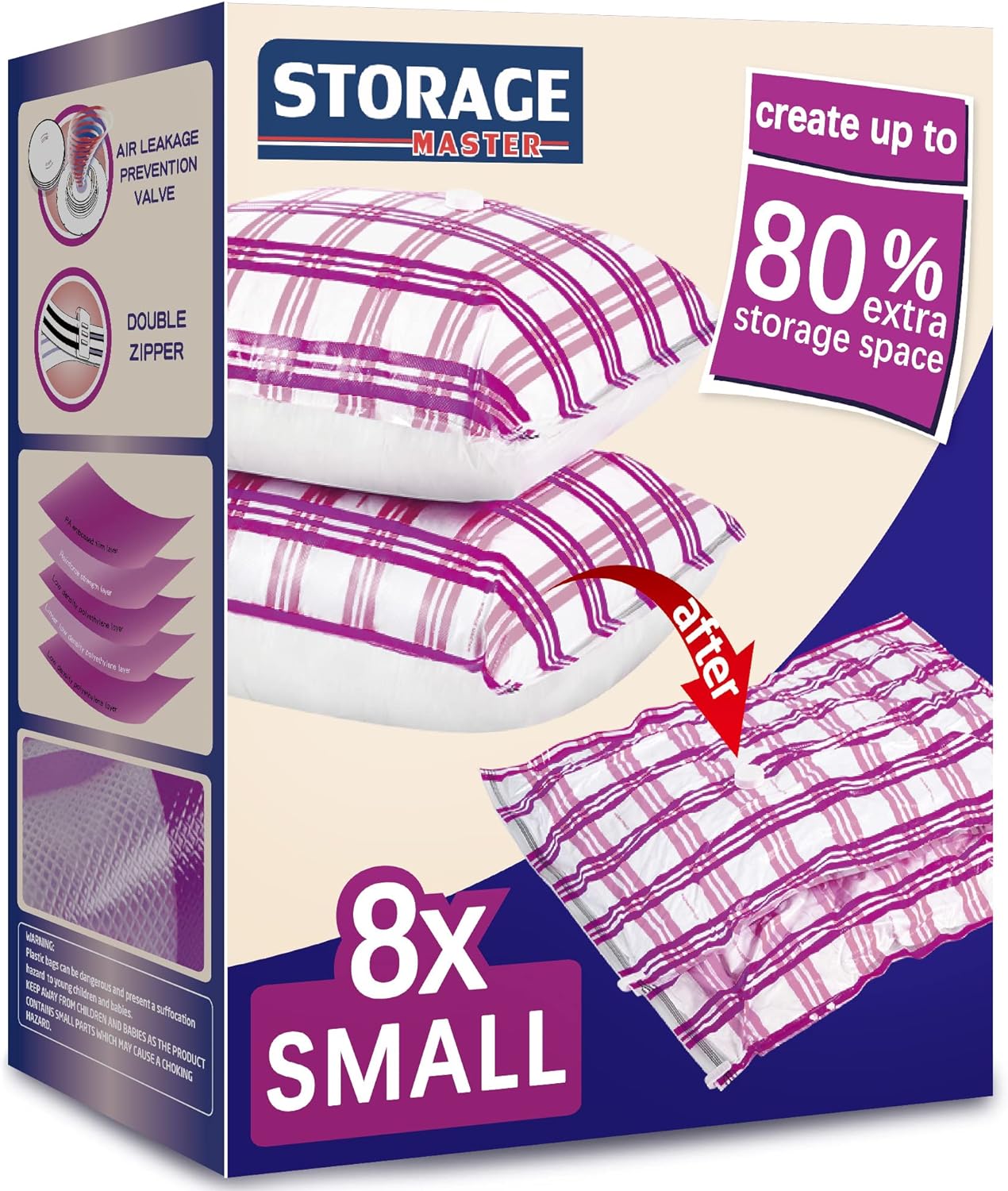 8 Small Vacuum Storage Bags, Vacuum Sealer Space Saver Bags for Clothes, Comforters and Blankets (8 Small)