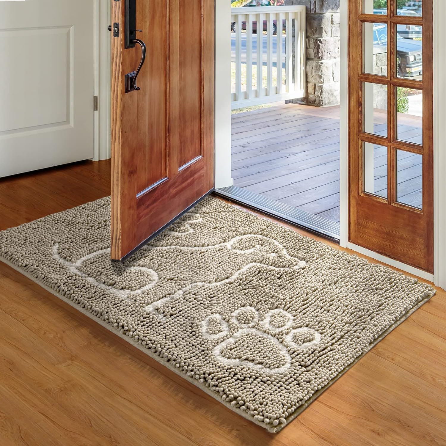 Needed a rug for our back door where dogs come in. Lots of rain last week and the rug kept the floor dry and non muddy. Stays put well and absorbs well. It is thick so not all doors will open over it.