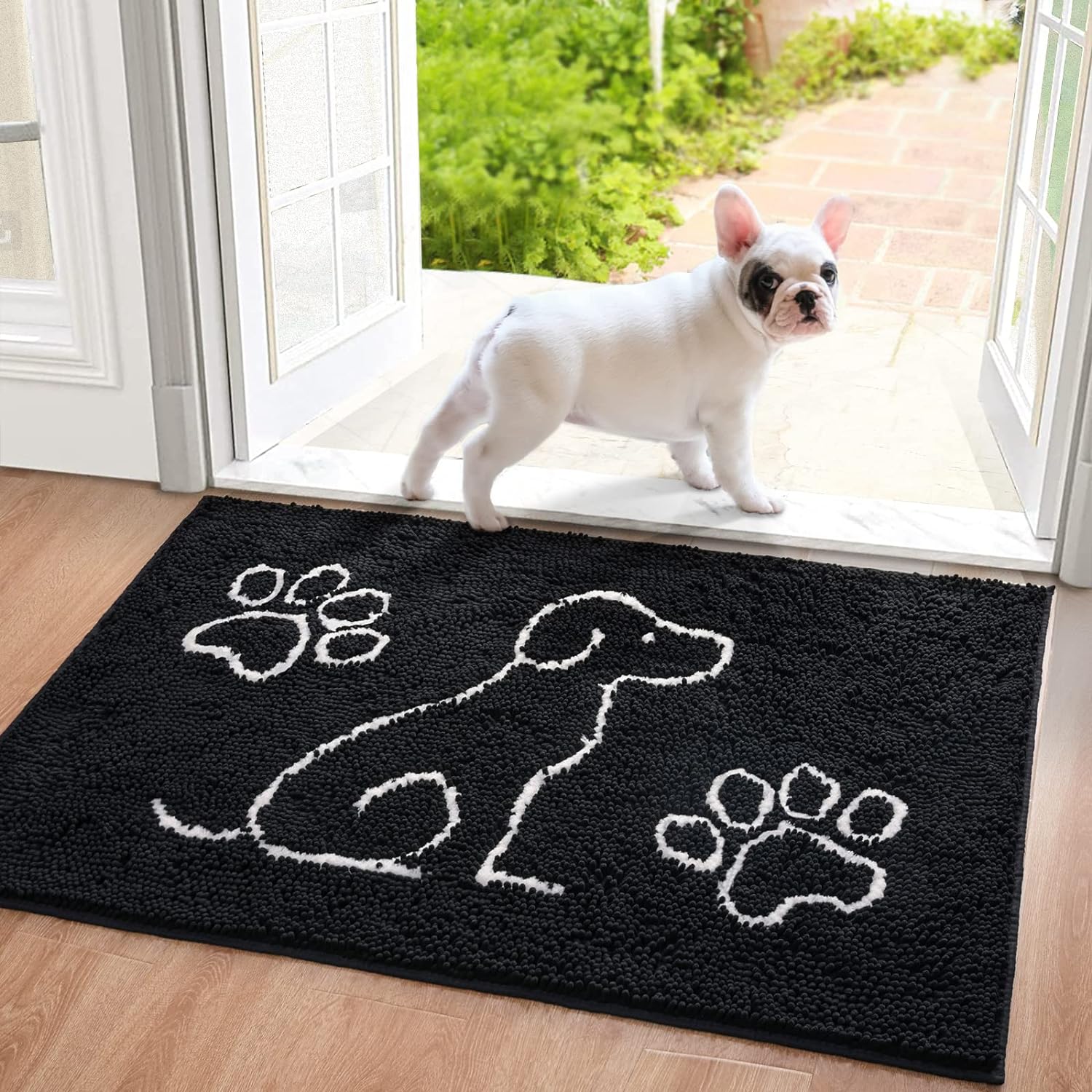Needed a rug for our back door where dogs come in. Lots of rain last week and the rug kept the floor dry and non muddy. Stays put well and absorbs well. It is thick so not all doors will open over it.