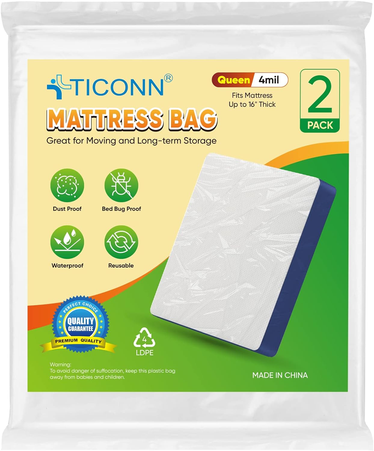 This came in very handy and covered my queen size plush top mattress with room to spare. It doesn't come with a ziploc, but still protected my mattress very well, and it' reusable. You may have to staple it shut.