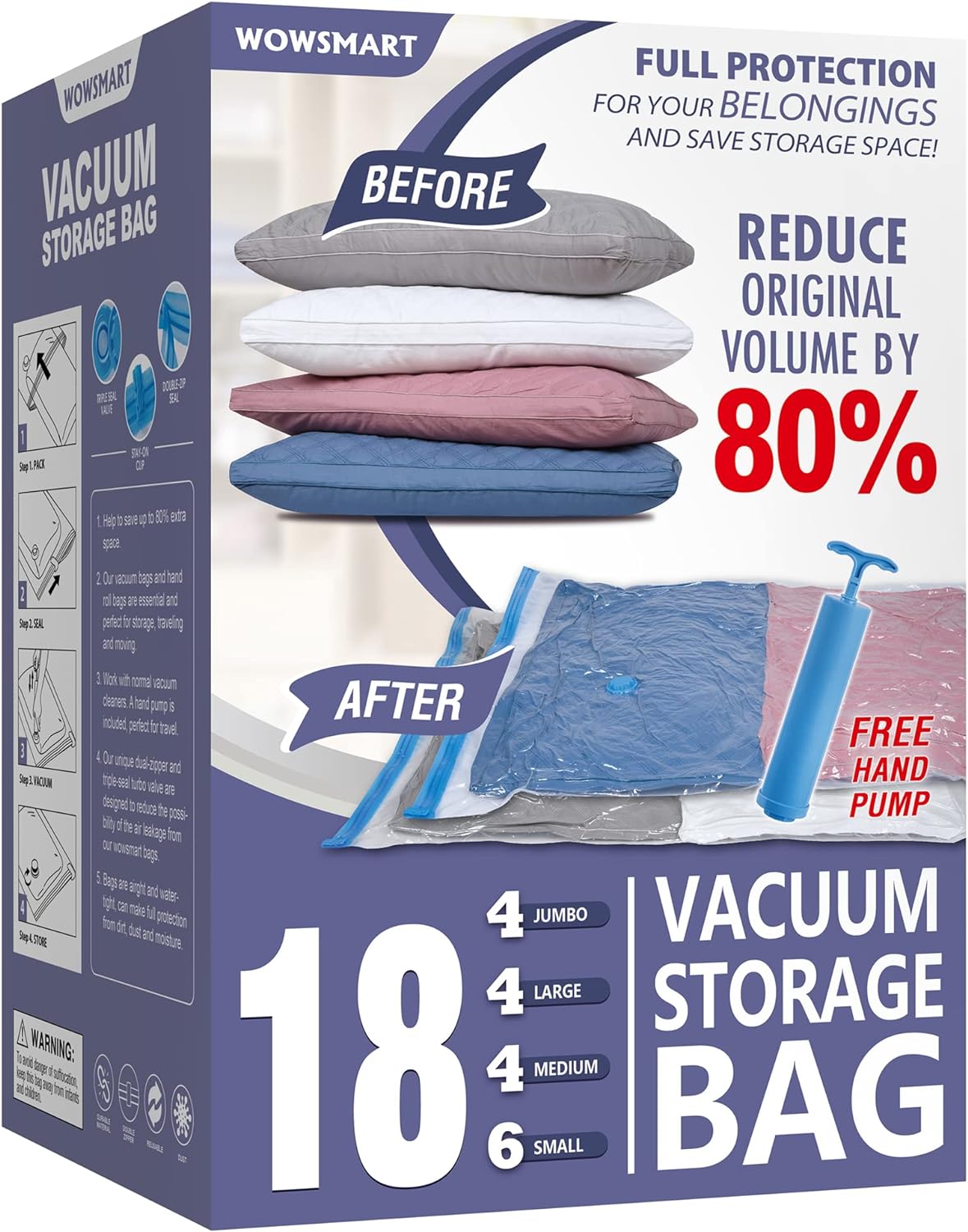 I cannot recommend these vacuum storage bags highly enough! As someone who' always struggled with limited closet and storage space, these bags have been an absolute game-changer. The variety of sizes included in this set is perfect for organizing everything from bulky comforters to seasonal clothing.The vacuum sealing process is incredibly easy and effective, shrinking the contents down to a fraction of their original size with just a few pumps of the included hand pump. I was pleasantly surpri
