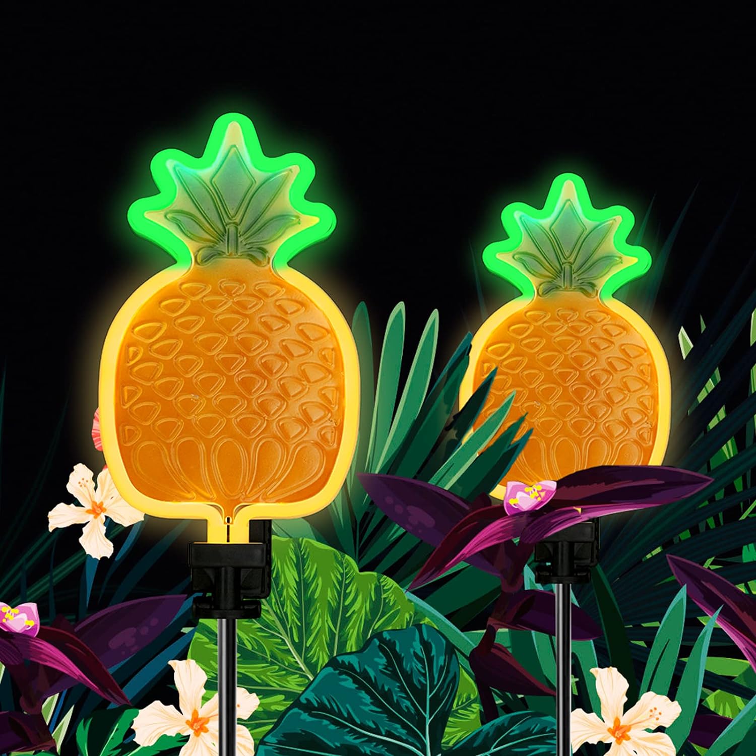 ANGMLN Solar Pineapple Neon Light - Set of 2 Metal Garden Stake Lights 42 inch Path Lighting for Christmas Yard Lawn Patio Walkway Decor