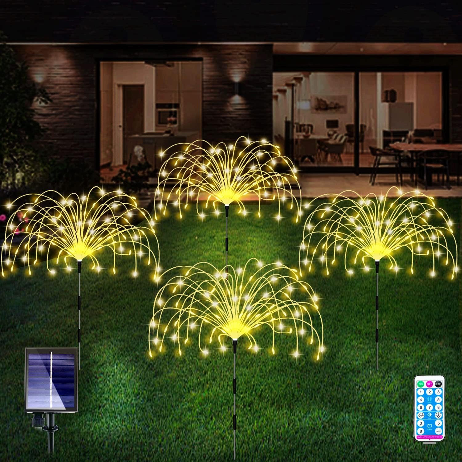 Outdoor Solar Garden Lights, Firework Lights Outdoor 4pack Waterproof Decorative pathway lights, 120Led firefly lights solar outdoor Decor for Courtyard Garden Party yard decorations outdoor(warm)