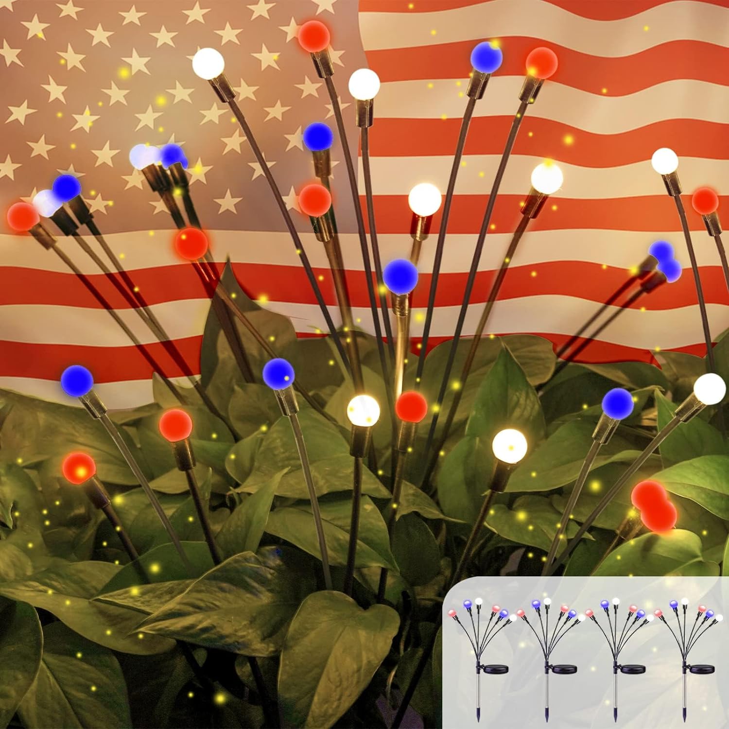 OZS 2024 4pack Solar American Flag Lights - Solar Firefly Lights Outdoor Waterproof of The United States for Memory Day, Independence Day, National Day Decoration (Red White Blue)