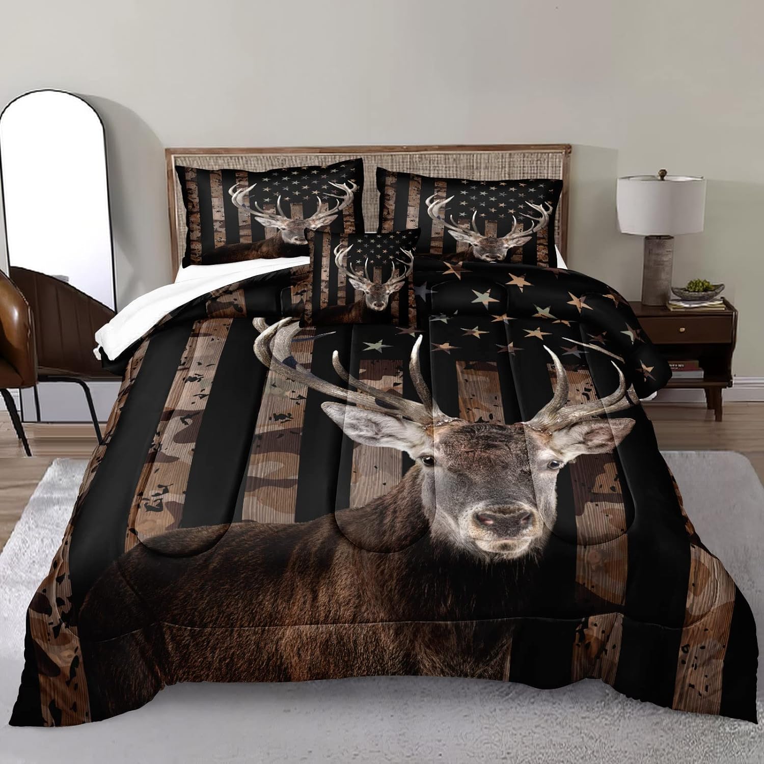 Bedbay American Flag Comforter Set Deer Hunting Hunter Bedding Set Deer Antlers Animal Camo Printed Soft Microfiber 3 Piece California King Bedding Comforter Set (Deer,Cal-King)