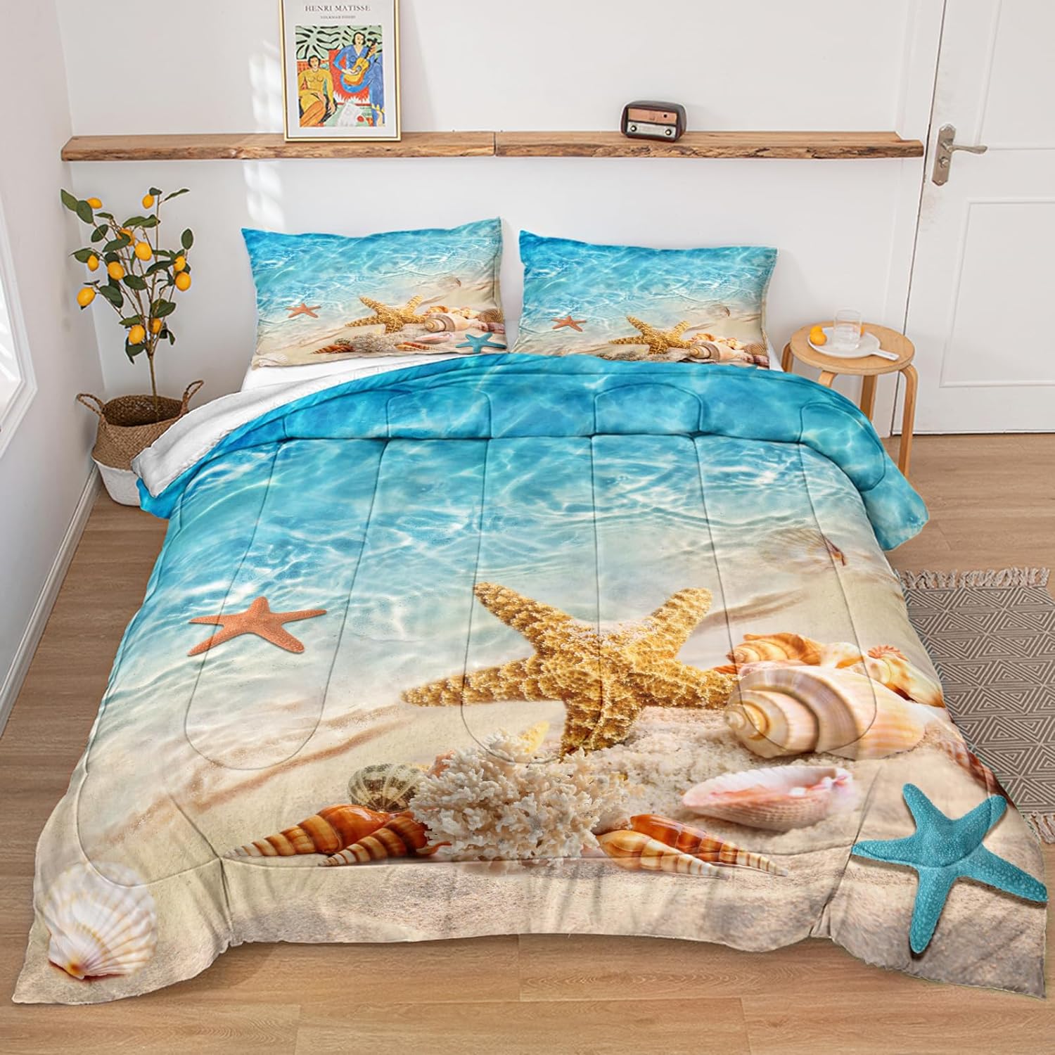 Bedbay Queen Comforter Set Beach Comforter Set Starfish Marine Life Turquoise Ocean Comforter Queen Size Bedding Comforter Set Soft Microfiber Beach Bed Comforter 3 Pcs(Aqua,Queen)