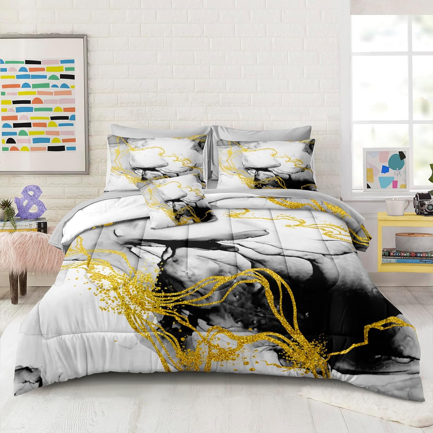 Bedbay Metallic Marble Comforter Set Queen Size Bed in a Bag 8 Pieces Black Gold Marble Printed Queen Bed Set 1 Comforter 4 Pillowcases 1 Flat Sheet 1 Fitted Sheet 1 Cushion Cover(Ink,Queen)