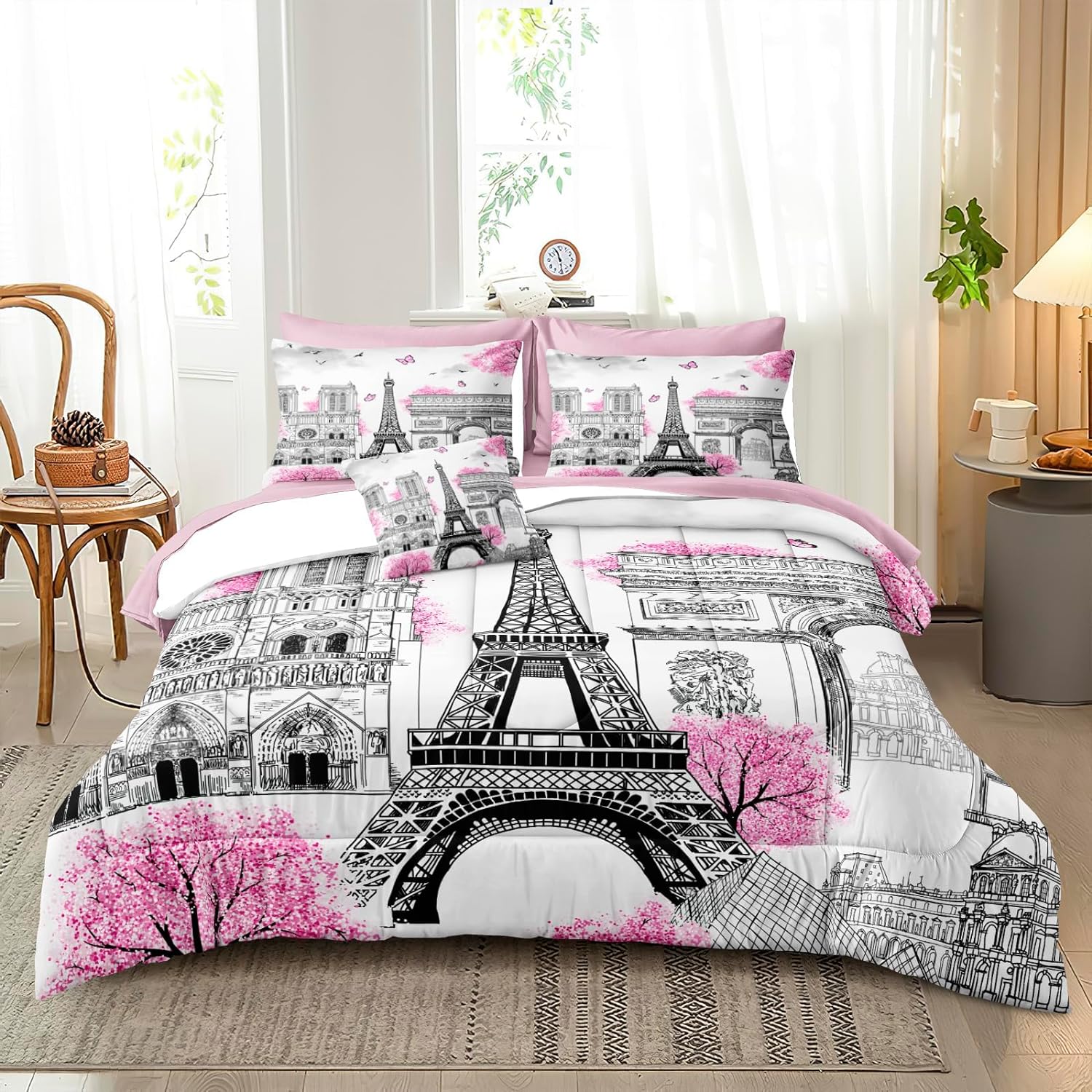 Bedbay 8 Pieces Pink and Grey Comforter Set Queen Size Paris Comforter Set Queen Pink Bedding Set Bed in a Bag Eiffel Tower Beautiful Blossom Floral Paris Themed Bedroom Decor(Pink,Queen)