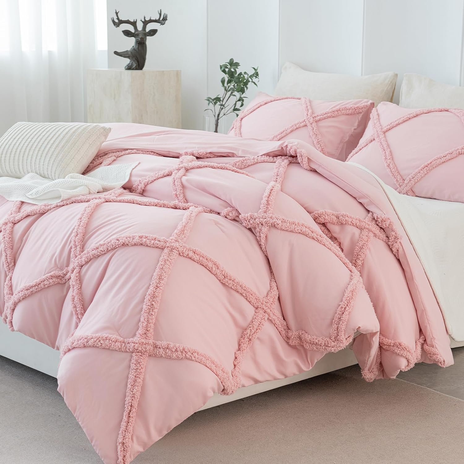 Bedbay Pink Queen Comforter Set Room Decor Aesthetic Bedding Queen Size Diamond Tufted Shabby Chic Bedding Soft Lightweight 3 Pieces Farmhouse Boho Comforter Set - Pink,Queen