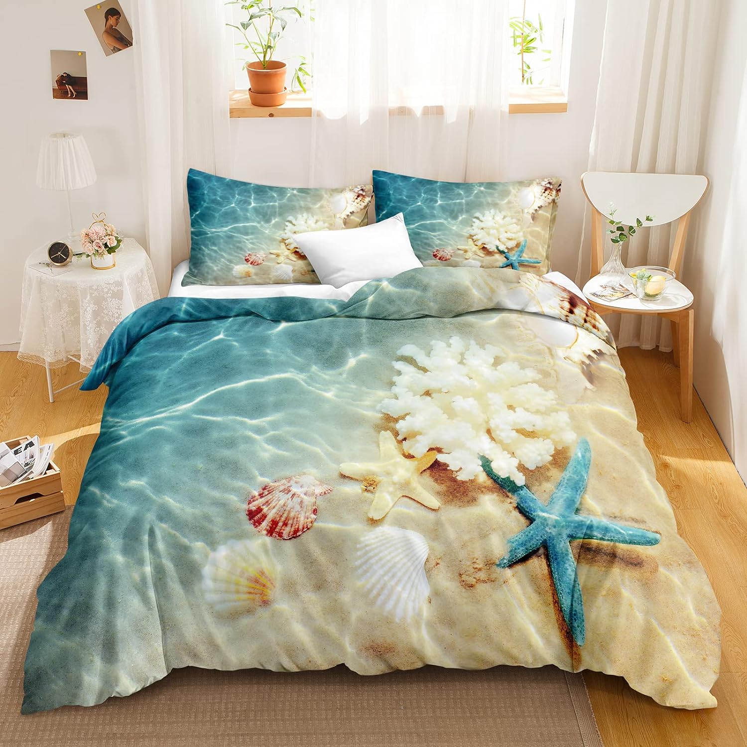 Bedbay Beach Duvet Cover Set Queen Seashell Ocean Themed Bedroom Bedding Set 3 Pcs Soft Microfiber Seashell Couch Seaside Full Size Ocean Theme Bedding for Boys Girls (Turquoise,Queen)