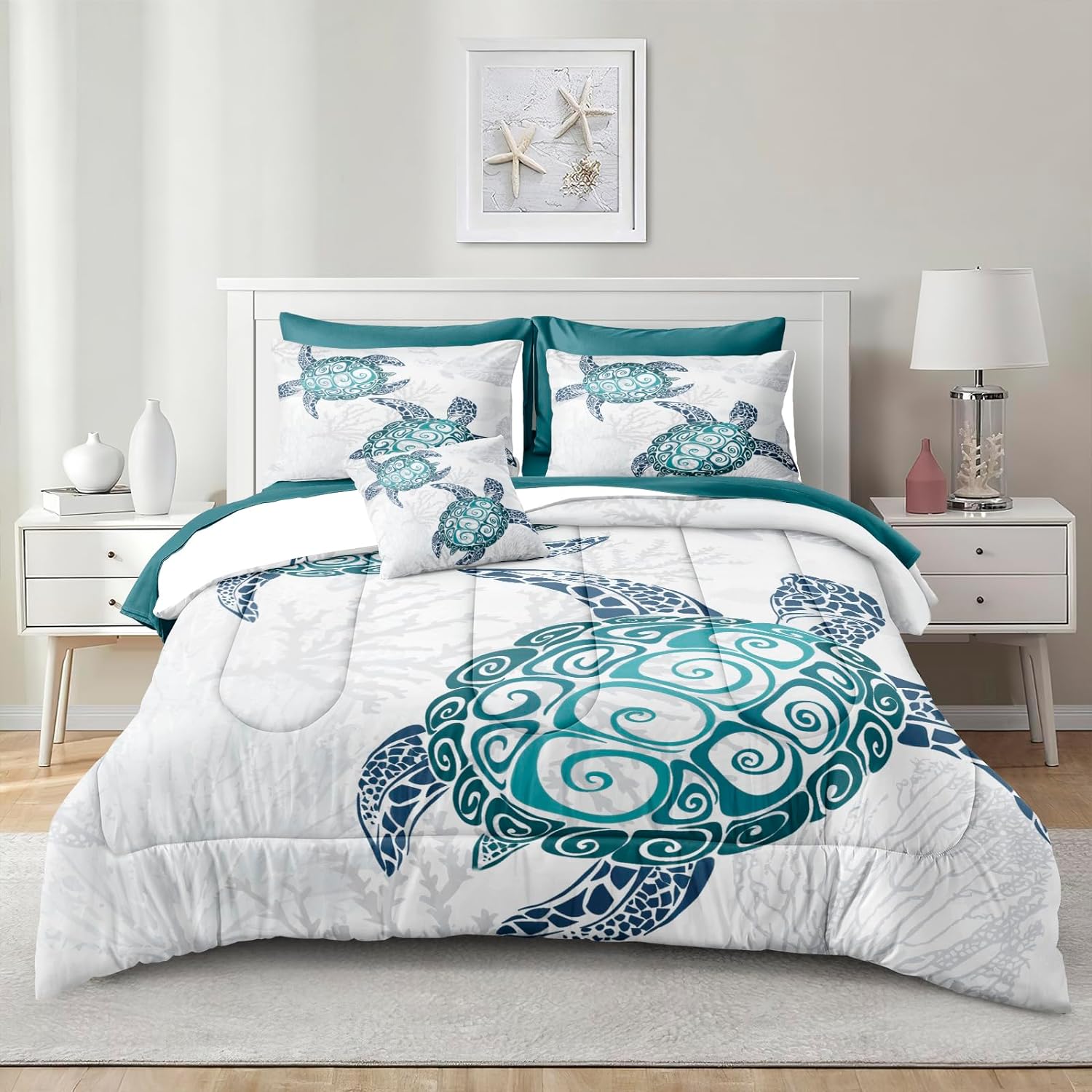 Bedbay 8 Pieces Coastal Bedding Set Queen Teen Girls Boys Turtle Bedding Queen Size Comforter Set with Sheets Beach Themed Bedding Tropical Beach Bed Set Queen Size Bed in a Bag(Turtle,Queen)