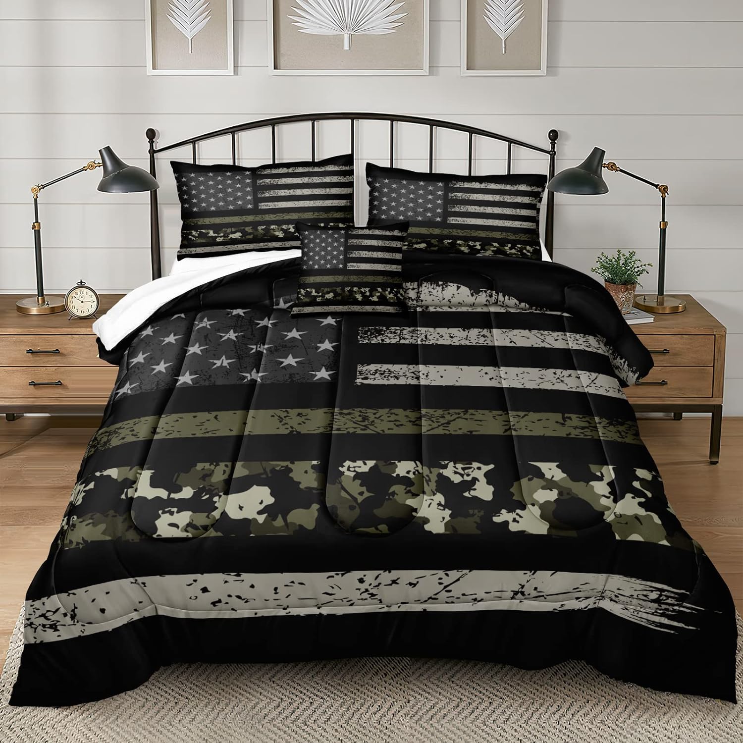 Bedbay American Flag Comforter Set Queen Retro Military Camo Comforter Black Grey Army Green Camouflage USA Flag Printed 3 Pcs Camouflage Bedding Comforter Set for Boys Teen(Camo,Queen)