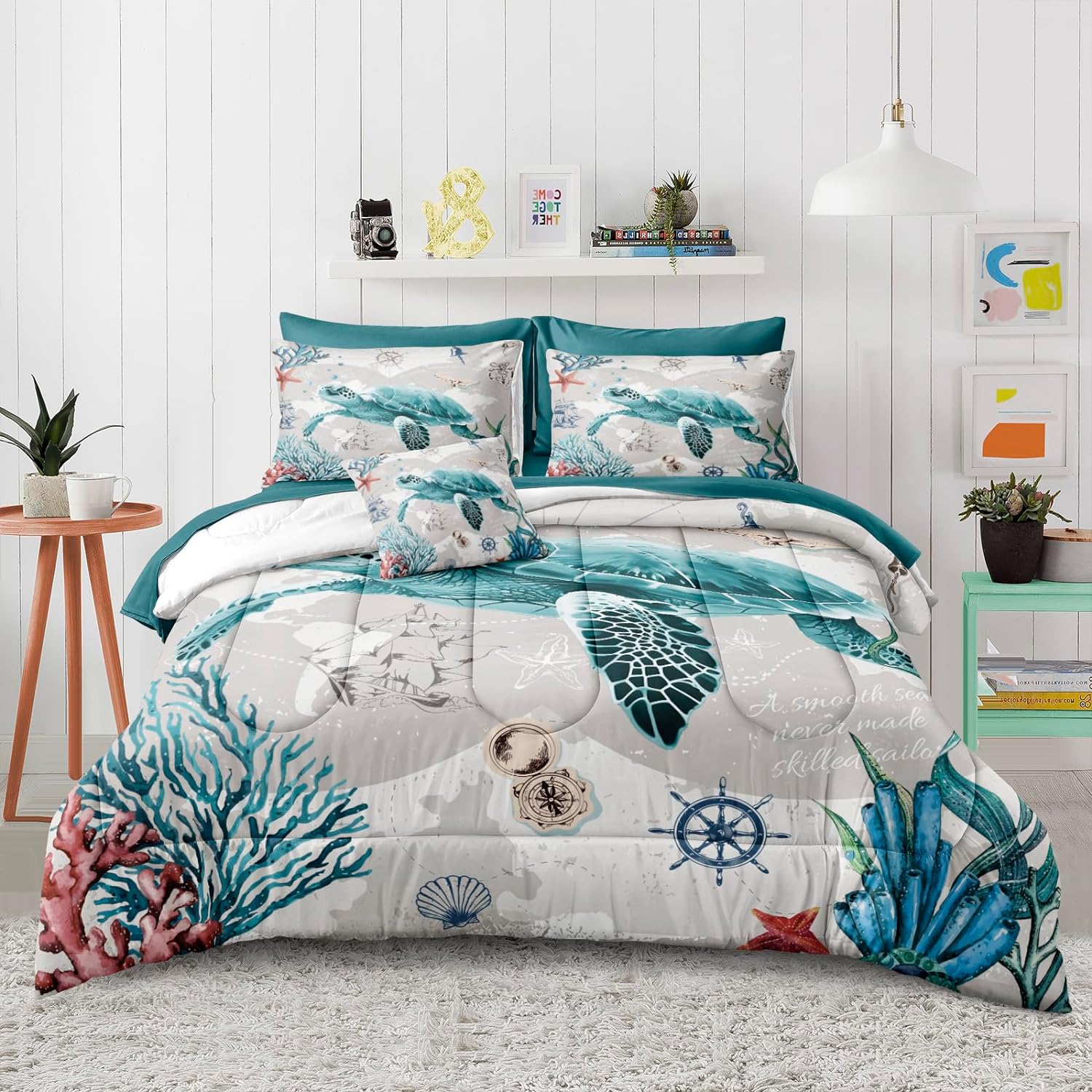 Bedbay 8 Pieces Nautical Bedding Sea Turtle Queen Comforter Set with Sheets Turquoise Comforter Retro Style Teen Girls Boys Turtle Bedding Set Ocean Themed Soft Fluffy Bed Set(Ocean,Queen)
