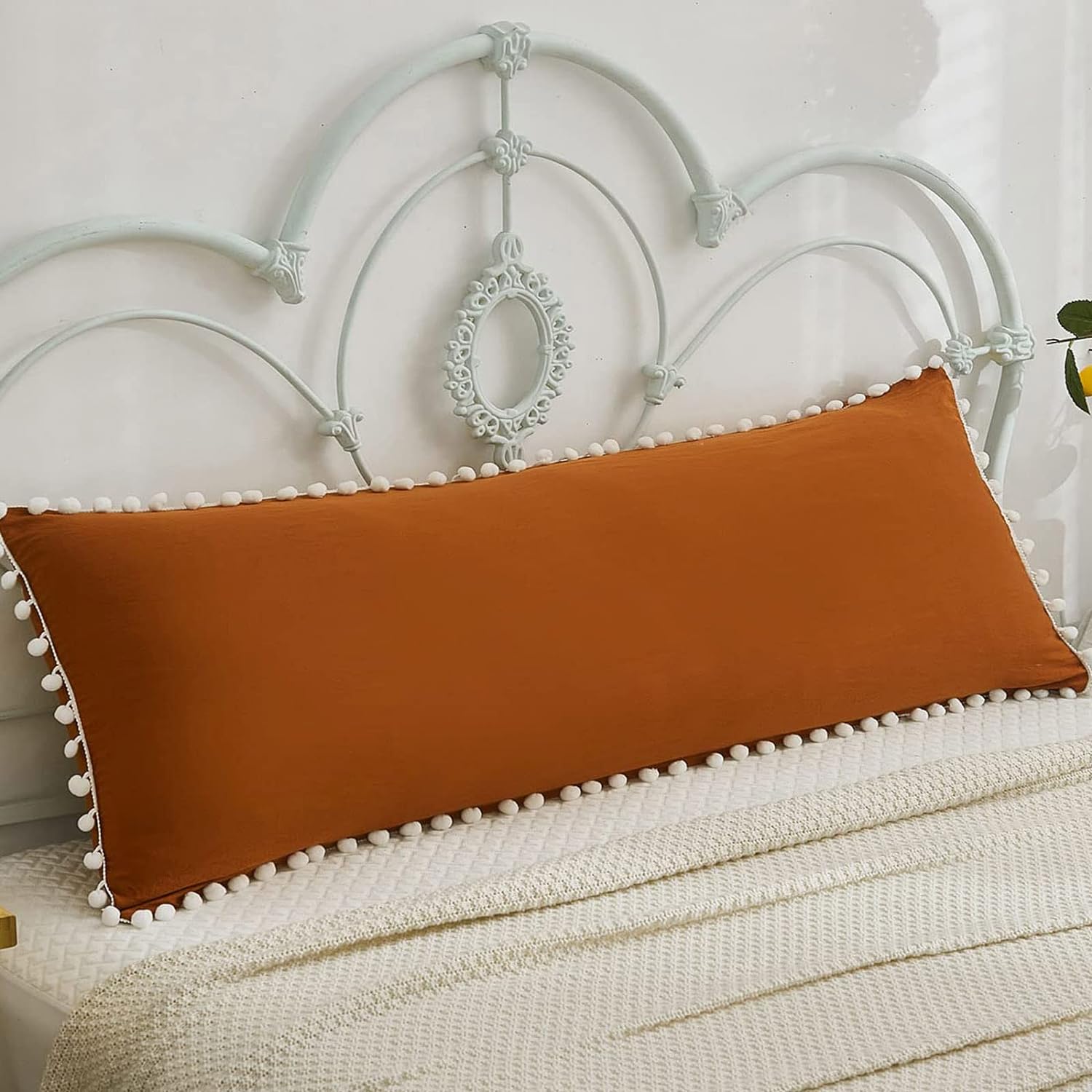 Bedbay Burnt Orange Body Pillow Cover,20x54 Long Pillowcase,Shabby Chic Pom Pom Fringe Decor,Body Cute Pillowcase,1 PC Home Decorative Body Pillow Cases(Burnt Orange,Body)