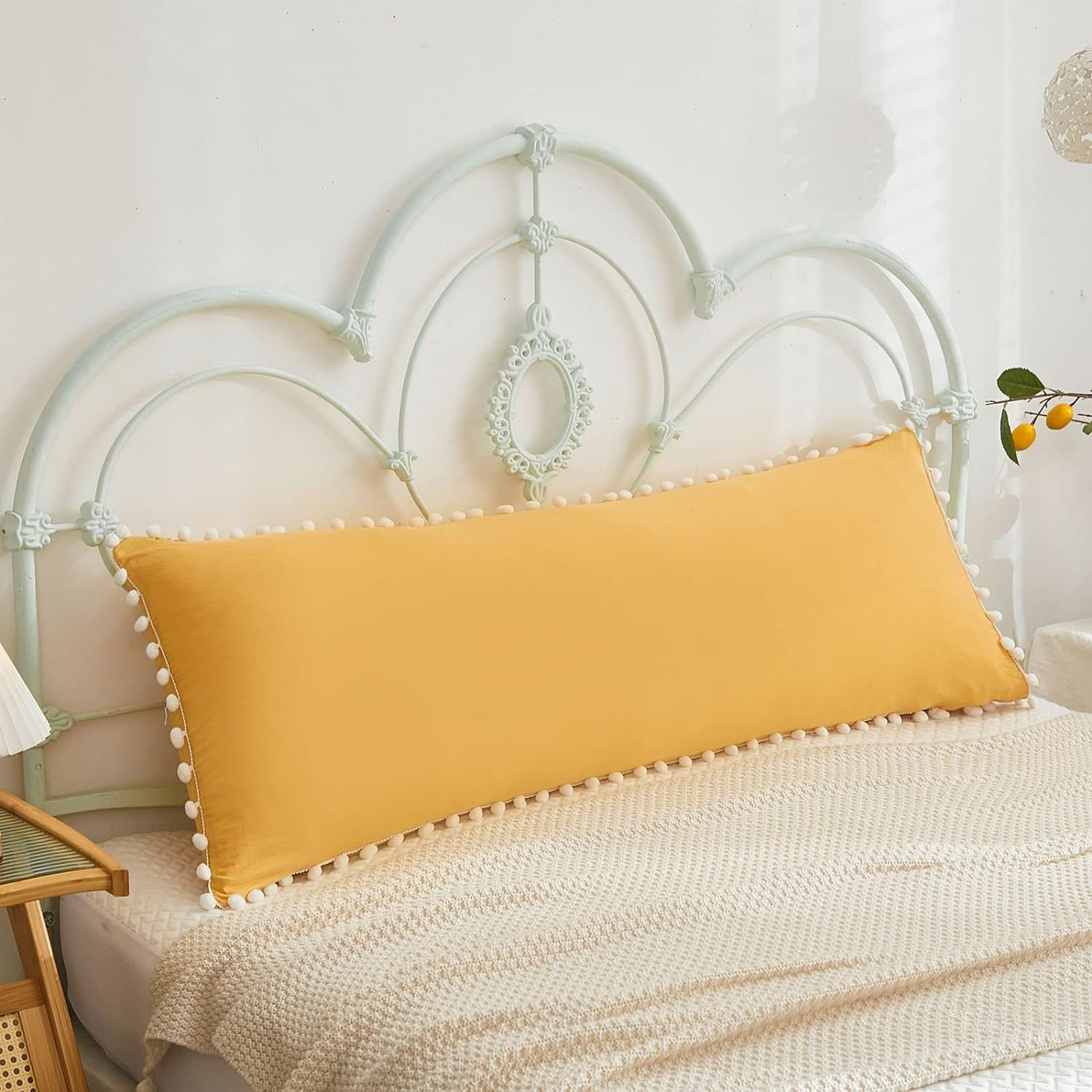 Bedbay Yellow Pillowcases,Body Pillow Cases,Boho Pillowcases,White Pom Poms Fringe Pillow Cases of 2, Soft Microfiber Pillow Cover,1 PC Home Decorative Body Pillow Cases(Yellow,Body(20''x54''))