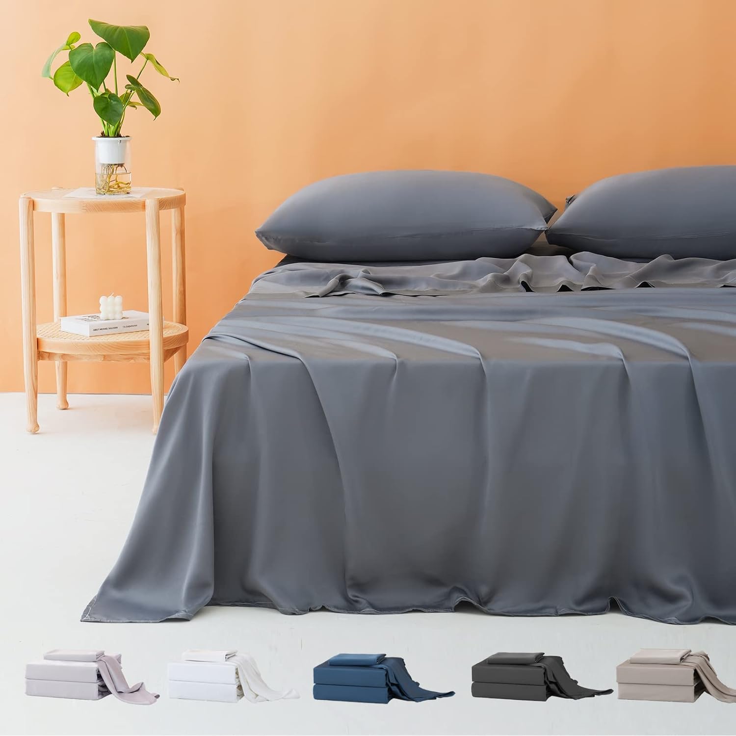 Bedbay Grey Queen Bed Sheet Set,100% Bamboo Viscose Cooling Sheet Set for Hot Sleepers,16 Deep Pocket Queen Sheet Set,Luxury Silky Soft Queen Sheet Set 4 Pieces for All Season- Charcoal,Queen