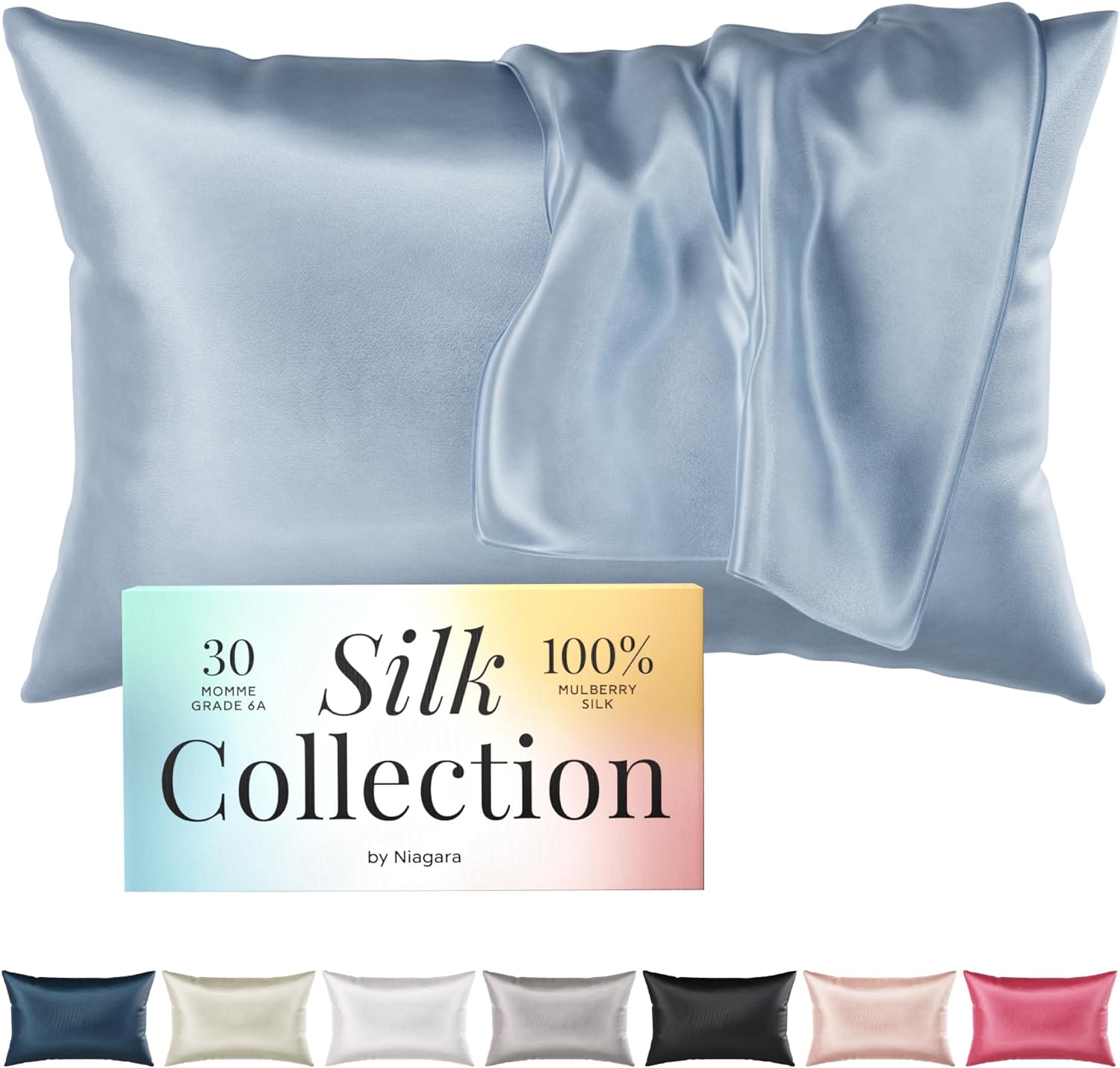 Niagara 100% Mulberry Silk Pillowcase - 30 Momme Silk Pillow case for Hair and Skin - Grade 6A Silk Pillow Cases with Zipper - Soft & Cooling Blue Silk Pillowcase Queen Size (20x30)