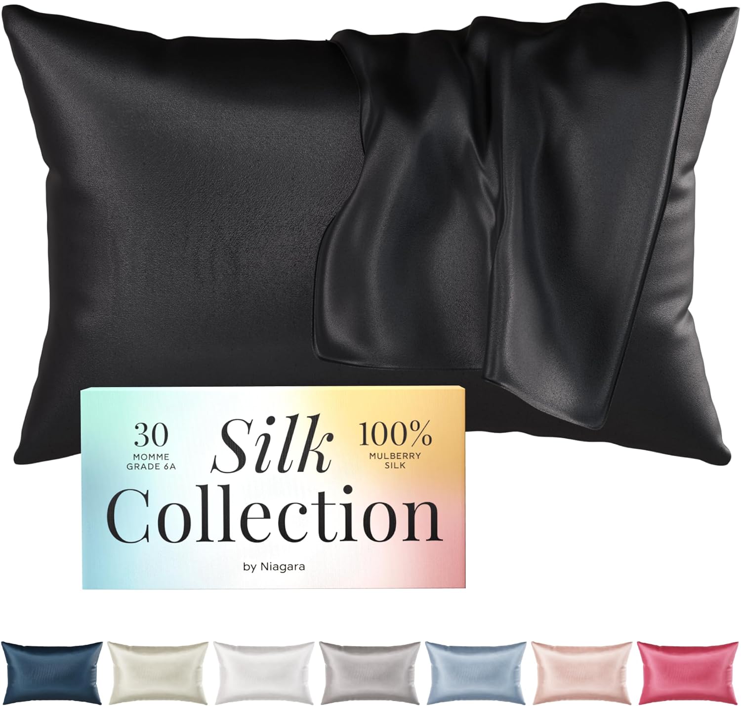 Niagara 100% Mulberry Silk Pillowcase - 30 Momme Silk Pillow case for Hair and Skin - Grade 6A Silk Pillow Cases with Zipper - Soft & Cooling Black Silk Pillowcase Queen Size (20x30)