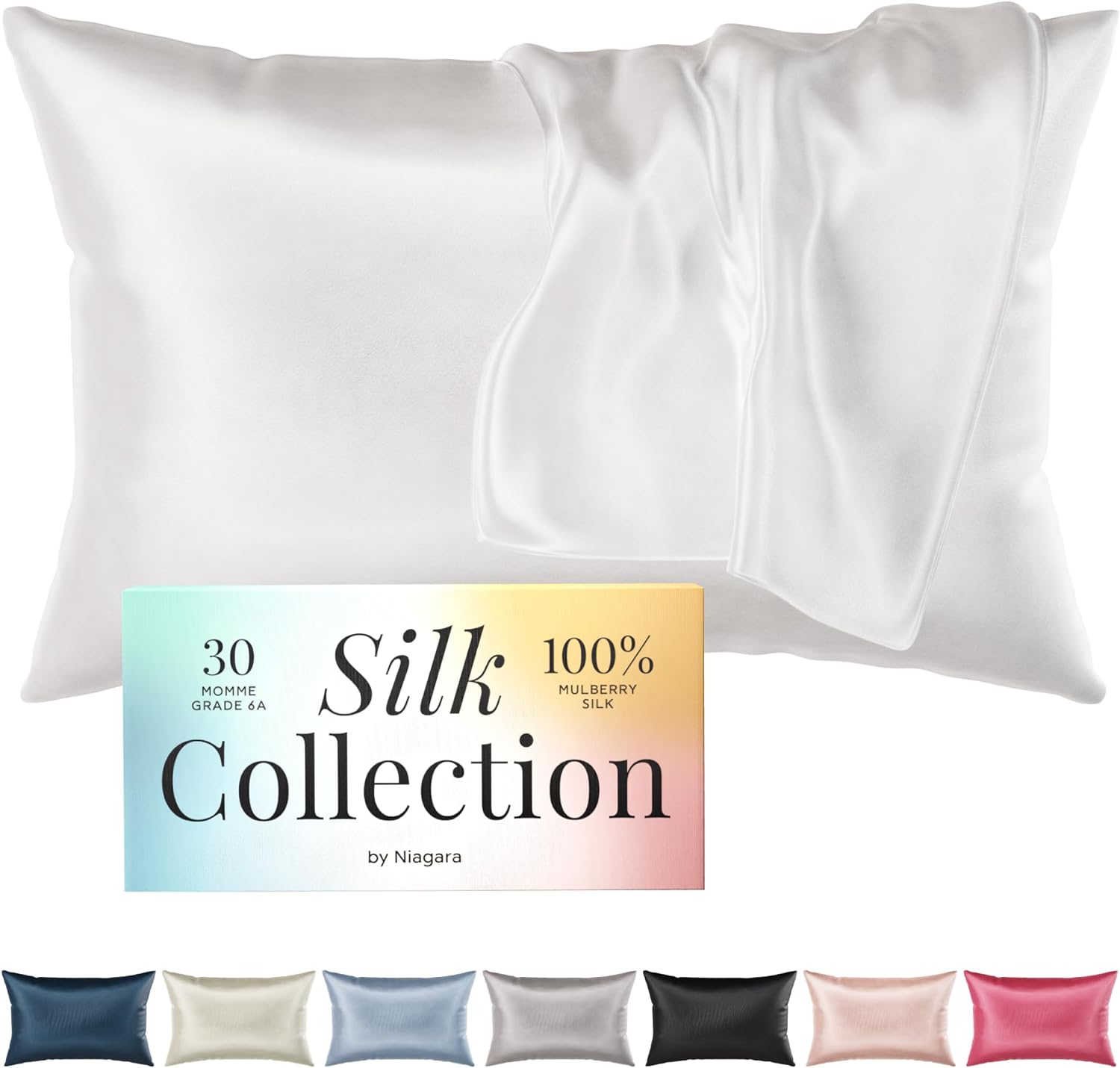 Niagara 100% Mulberry Silk Pillowcase - 30 Momme Silk Pillow case for Hair and Skin - Grade 6A Silk Pillow Cases with Zipper - Soft & Cooling White Silk Pillowcase Queen Size (20''x30'')