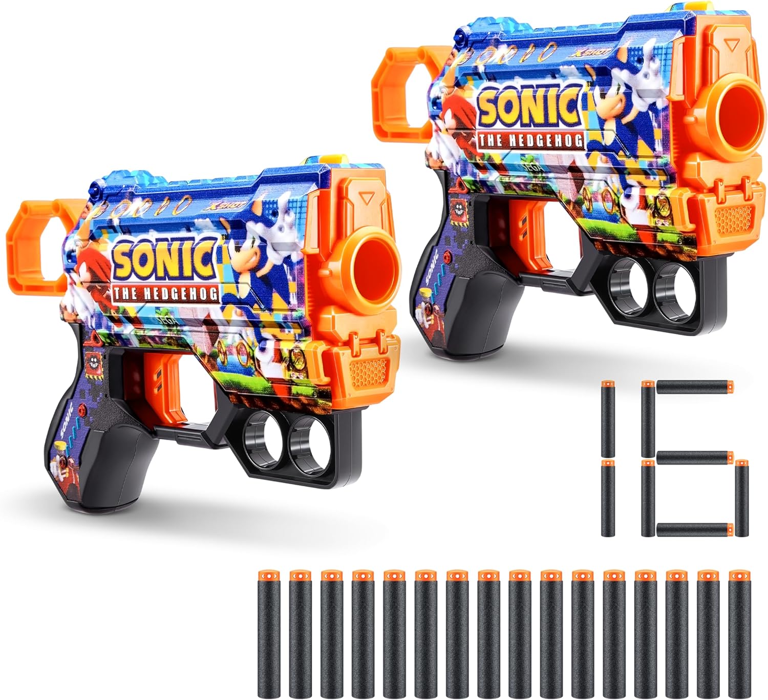 X-Shot Skins Menace - Sonic Mega (2 Pack + 16 Darts) by ZURU, Easy Reload, Air Pocket Dart Technology, Toy Foam Dart Blaster for Kids, Teens, Adults, Frustration Free Packaging