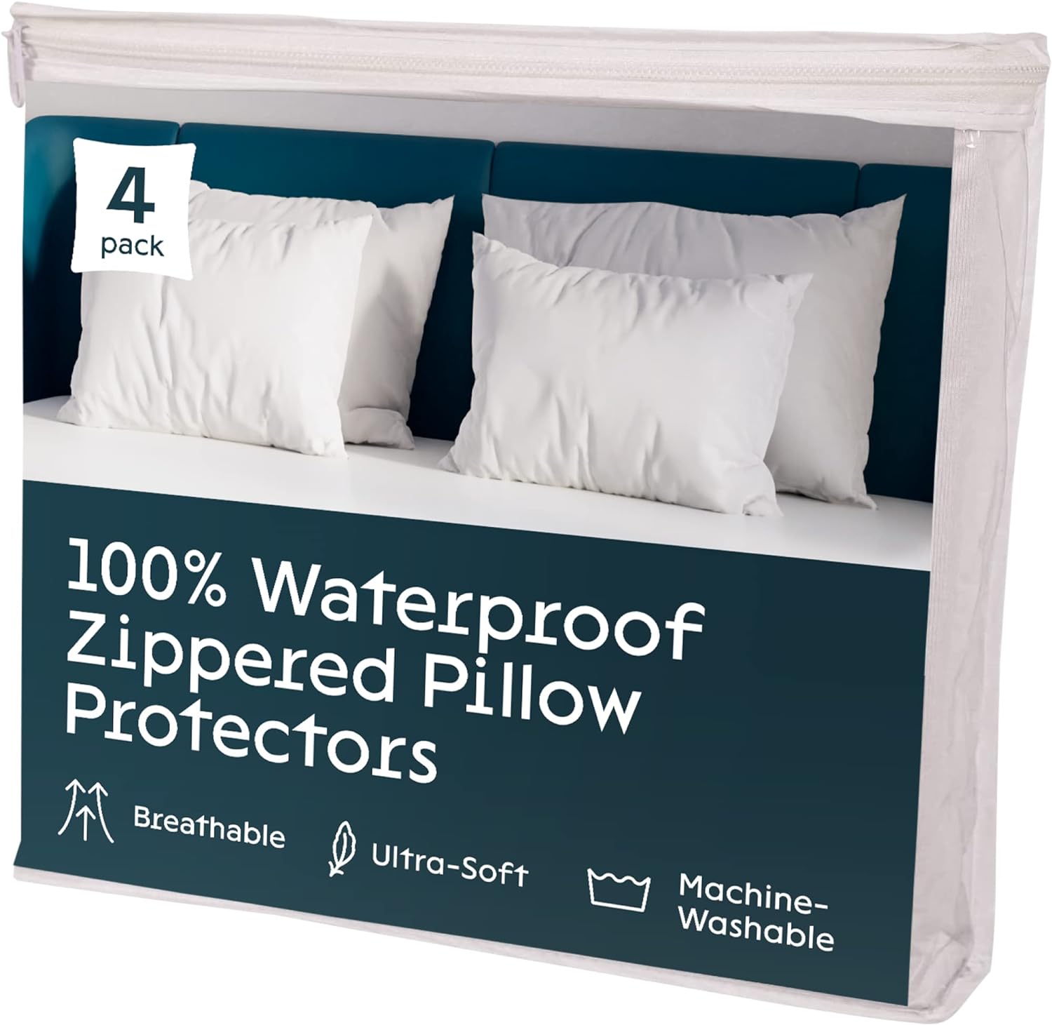 Niagara 4 Pack Waterproof Pillow Protectors Queen 20x30 Inches Smooth Zipper Premium Encasement Covers Quiet Cases Set White