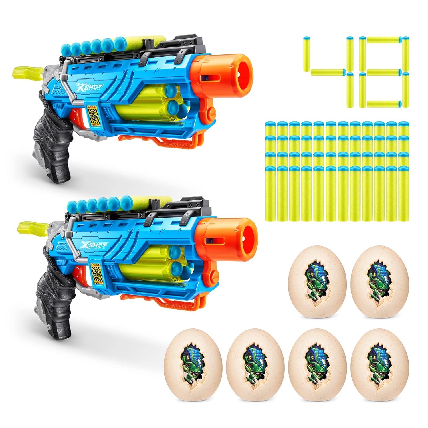 Dino Attack Dino Striker (2 Pack + 48 Darts + 6 Shooting Targets) by ZURU, X-Shot Blue Foam Dart Blaster, Toy Blaster, Automatic Rotating Barrel, Slam Fire, Toys for Boys, Kids, Teens (Blue)