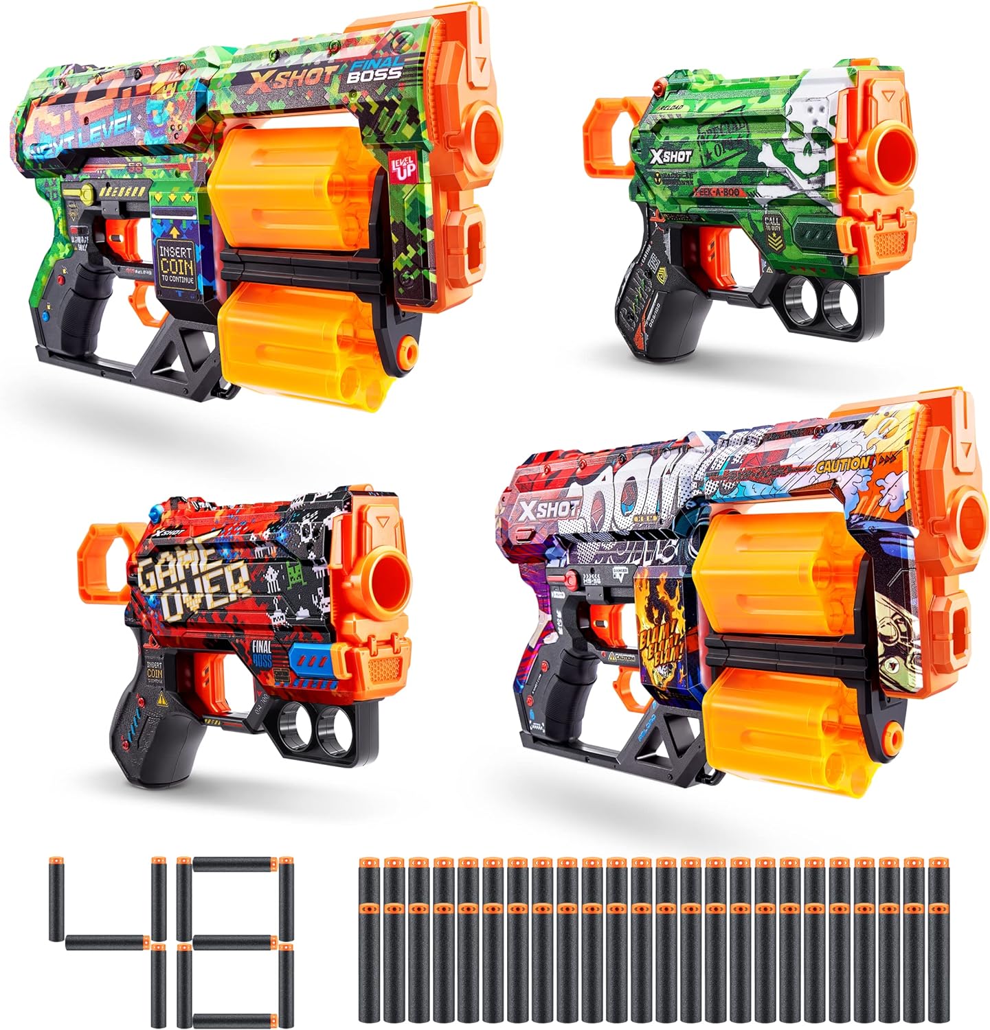 XShot Skins Dread & Menace (4 Pack + 48 Darts) by ZURU, Easy Reload, Toy Foam Dart Blaster for Kids, Teens, Adults, Frustration Free Packaging (Boom & K.O & Game Over & Camo)