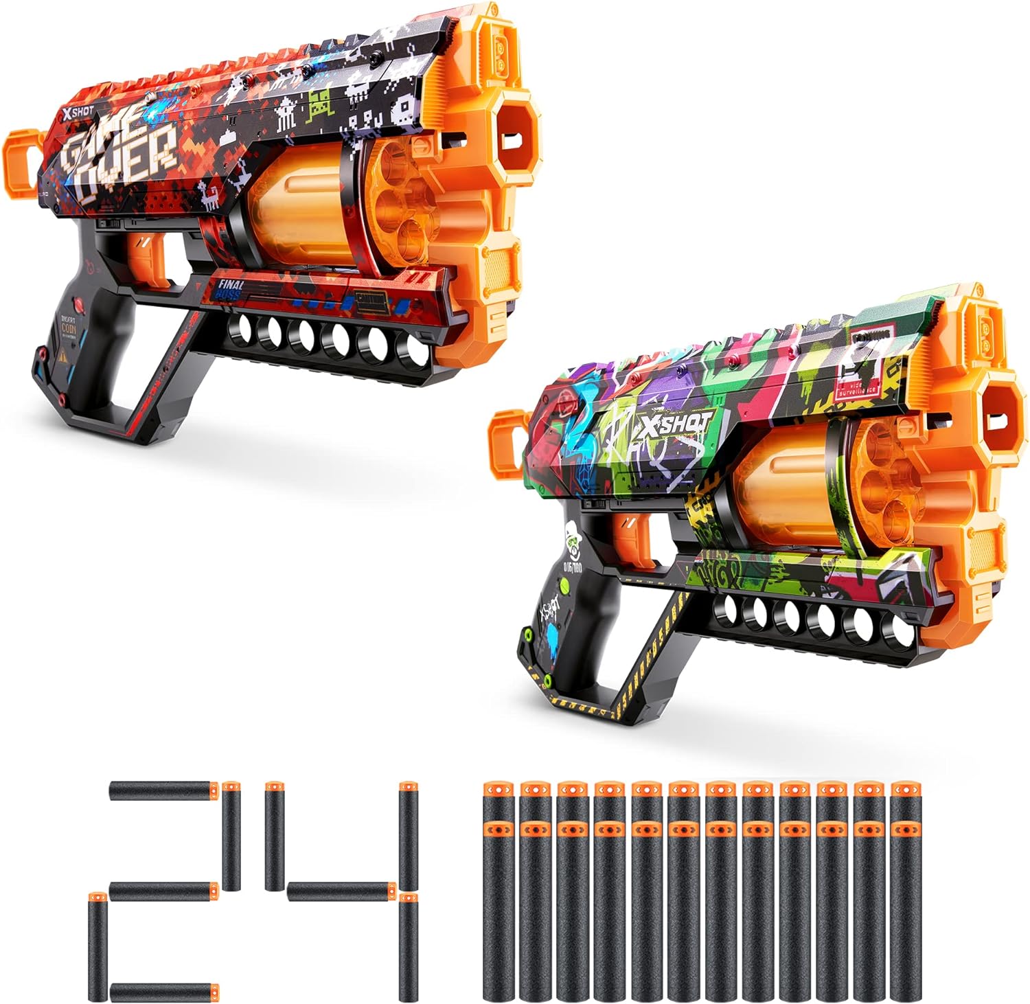 X-Shot Skins GRIEFER - Game Over + Graffiti Dart Blaster (2 Pack) by ZURU Frustration Free Packaging, Easy Reload, Air Pocket Dart Technology, Toy Foam Dart Blaster for Kids, Teens, Adults (24 Darts)